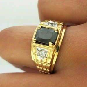 14k Solid Yellow Gold Men's Black Onyx Ribbed Ring